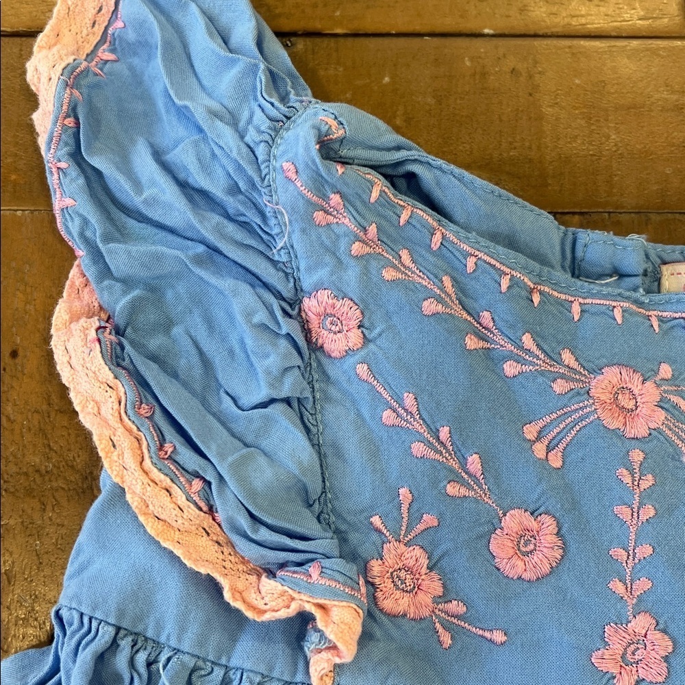 Bela & nuni pink floral embroidered flutter sleeve blue dress 3T - Picture 2 of 5